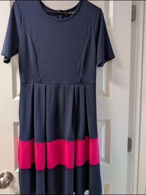 Nursing Queen Fit And Flare Shirt Sleeve Dress- Navy/Pink Stripe